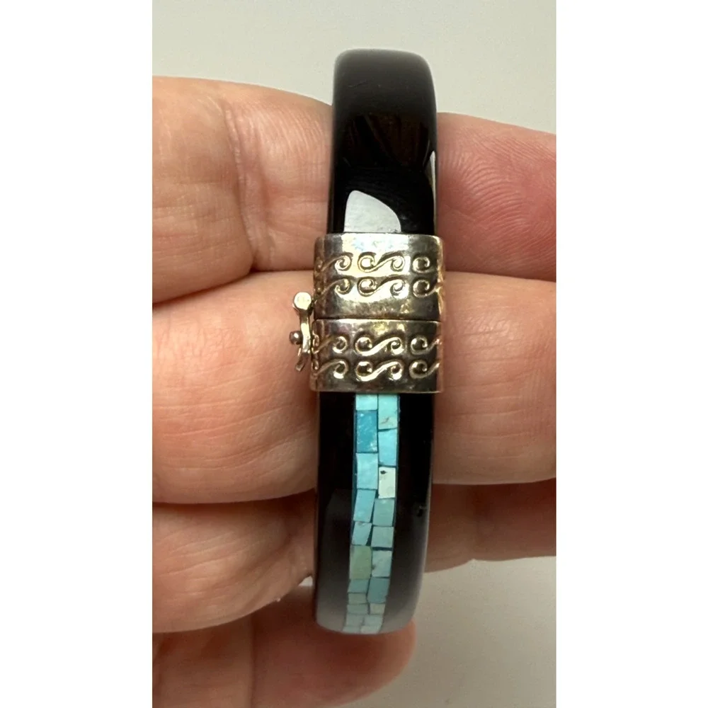 Jay King Desert Rose Trading DTR Mosaic Turquoise Black Agate Hinged Bangle 925